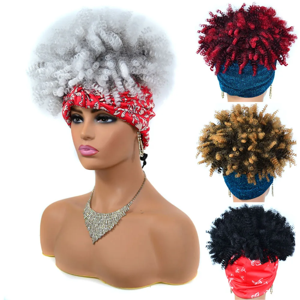 

Afro Curly Wig Turban Multi Color Headband Wigs Women Short Fluffy Hair with Scarf Design Fashion Synthetic Wig Daily Party Use