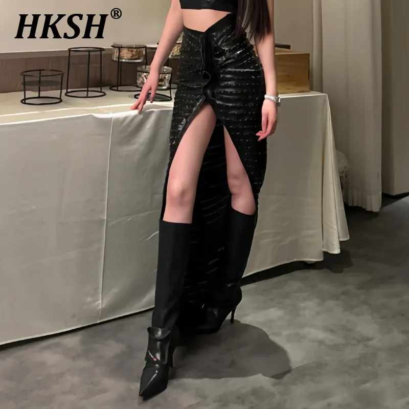 

HKSH Summer New Women's Chic Trendy Dark Punk High Street Fashion Slimming High Waist Knife Cut Snake Skin Pattern Skirts HK5985
