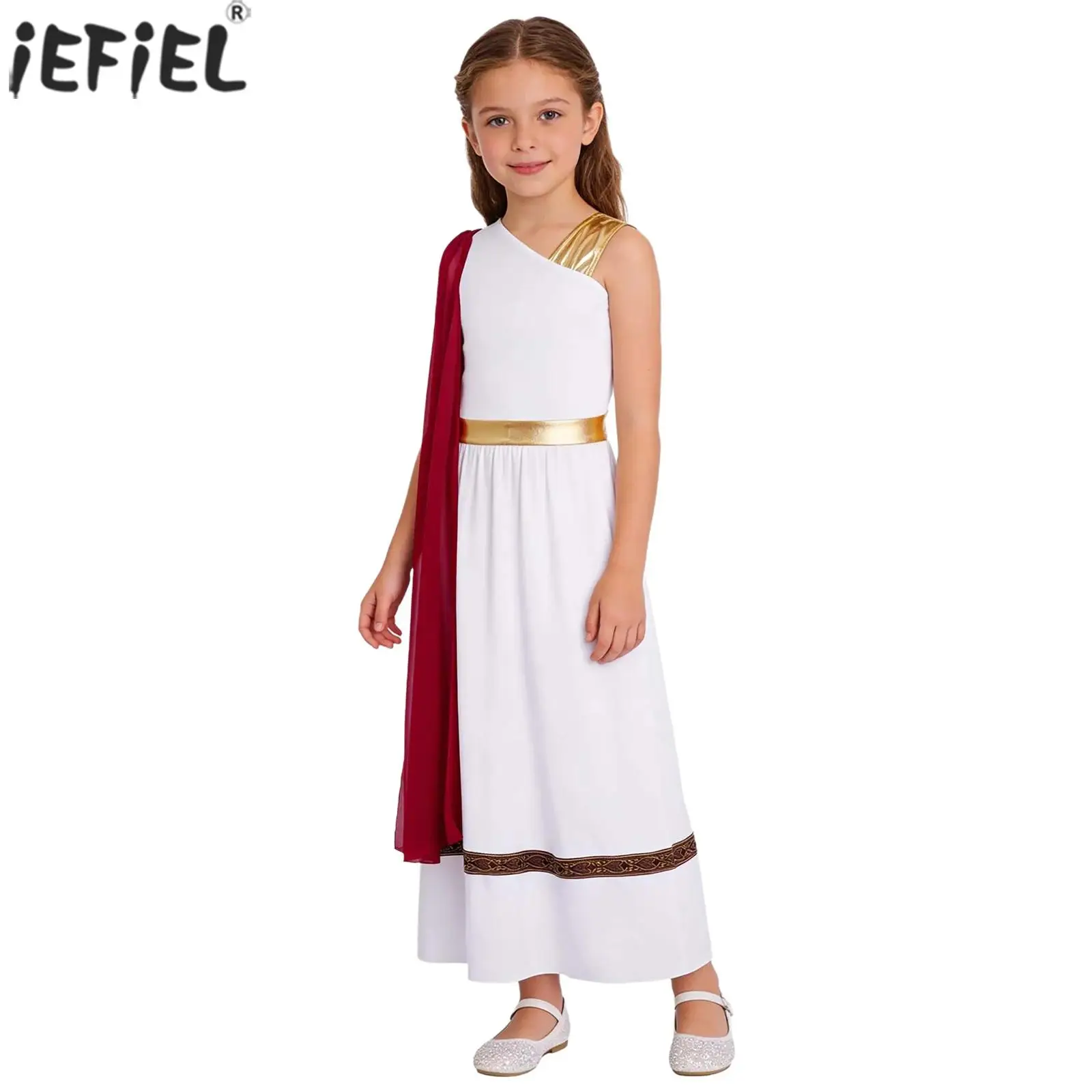 Costume de déesse Athéna grecque et romaine pour filles, robe tunique sans manches avec châle, robe de culte pour Halloween, fête costumée