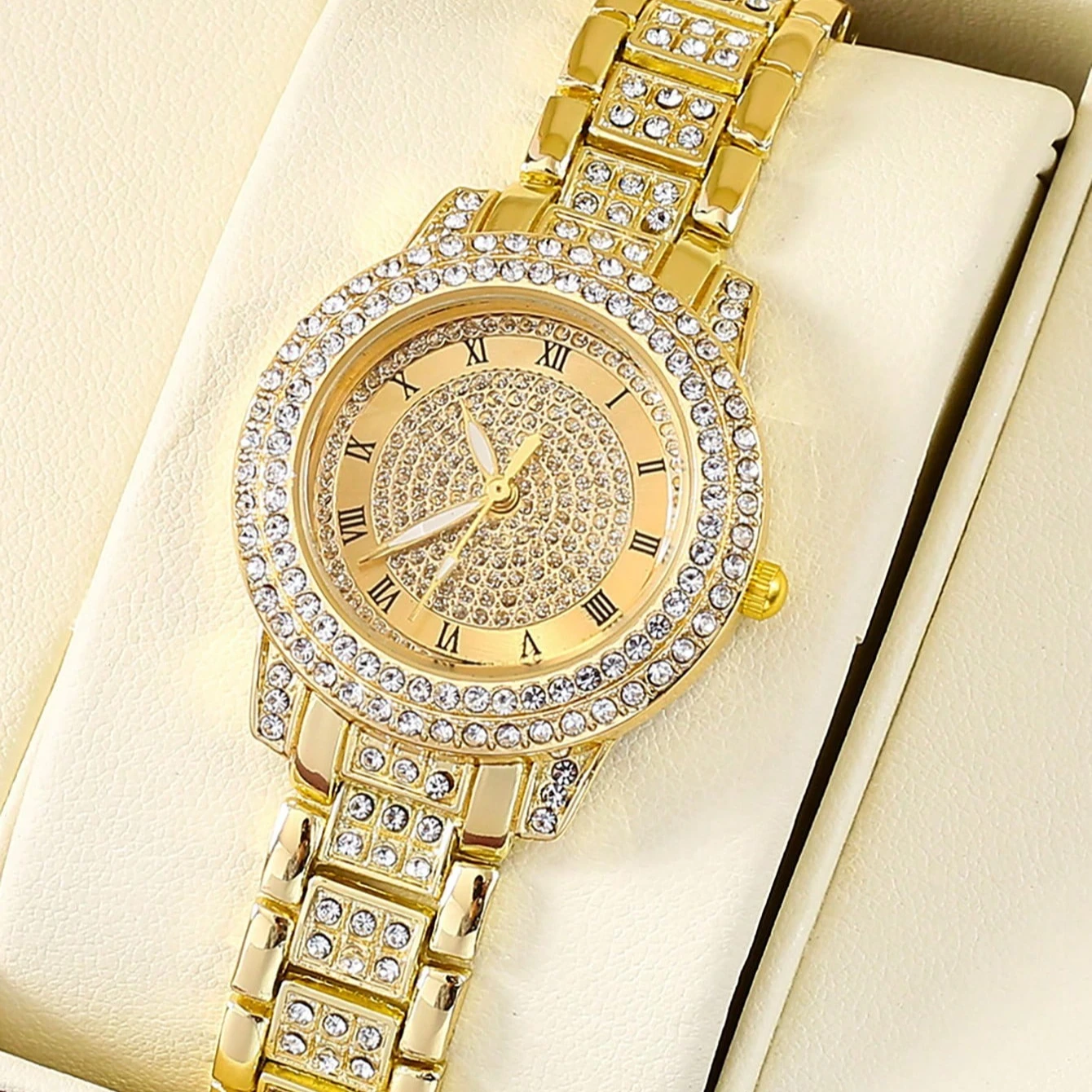 6 قطعة ساعة كوارتز نسائية فاخرة من حجر الراين مع سوار من حجر الراين وقلادة وخاتم وأقراط مجموعة مجوهرات عصرية للارتداء اليومي