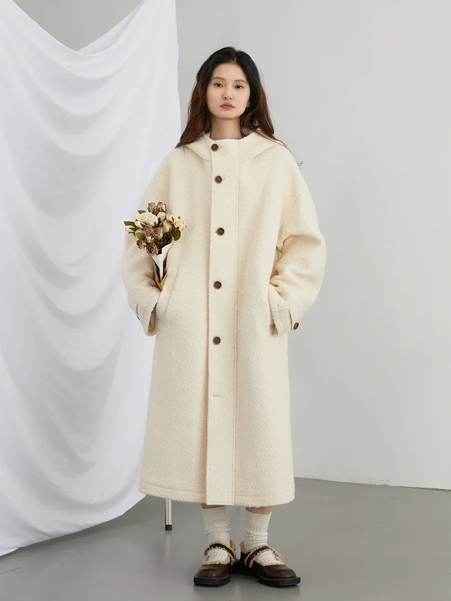 Imagem -02 - Ven Chique-cabolsa Longo de lã de Inverno Feminino Capuz Coreano Monocromático Peito Único Jaquetas Soltas Sobretudos da Moda Roupas Femininas 2023