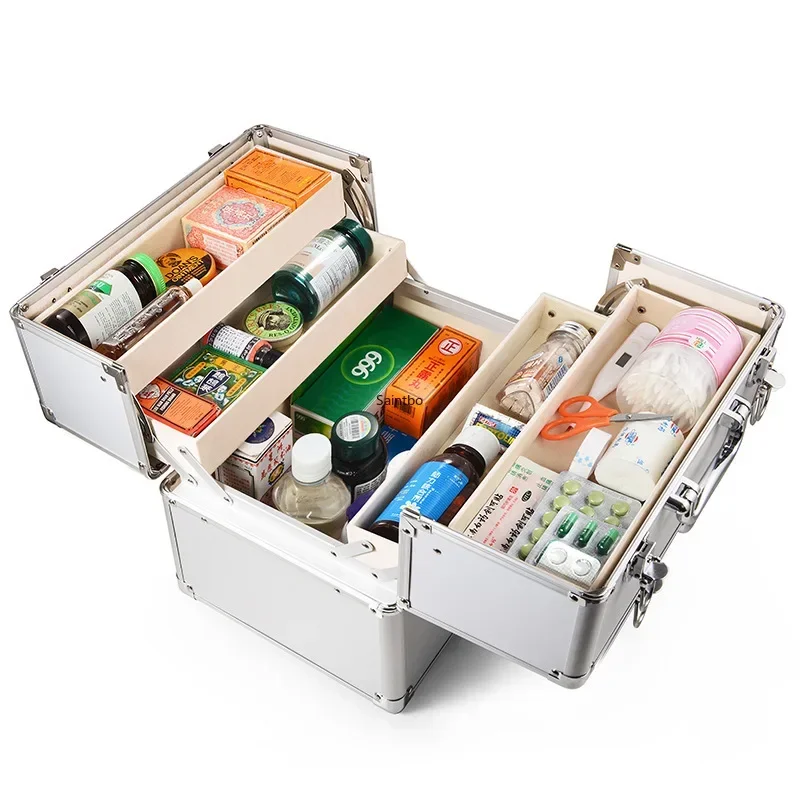 Double open medicine box aluminum alloy belt lock large and medium size multi-layer household medicine receiving box