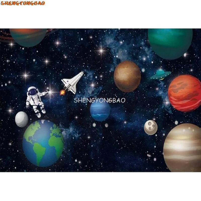 Toile de fond de photographie de l'espace extra-atmosphérique joyeux anniversaire, galAct, planète, astronome, fusée, fête, gâteau, table, bannière, accessoires de décoration