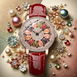 New dynamic, fresh and beautiful quartz watch for girls, adorned with jewelry, elegant ladies' red belt quartz watch