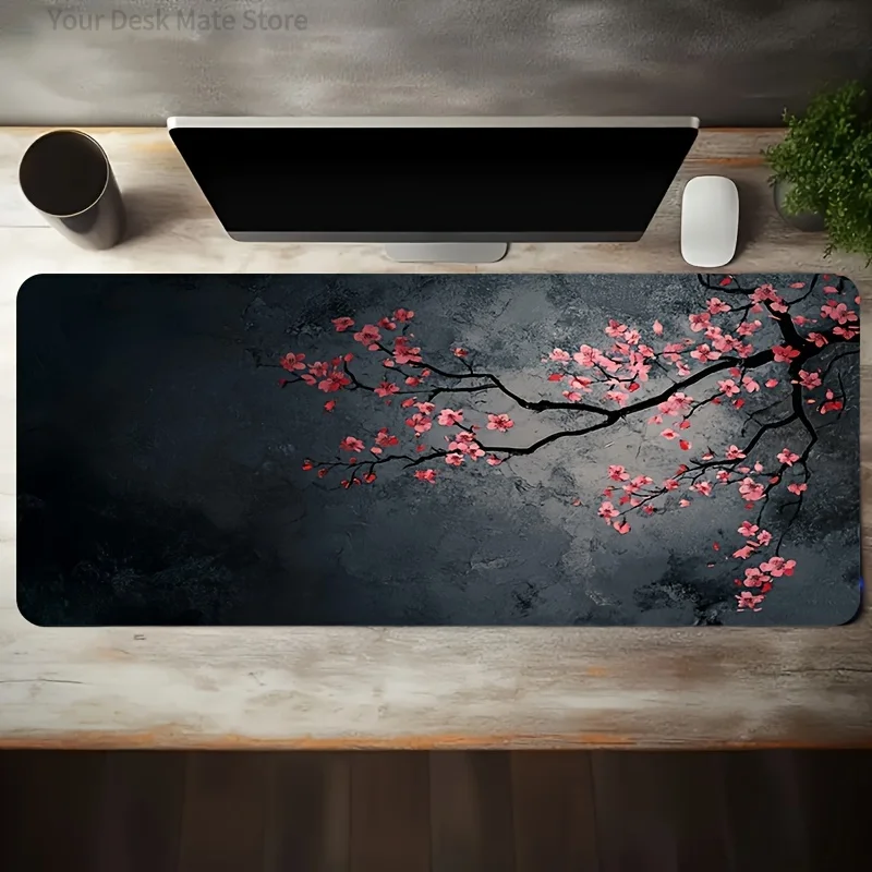 Large Gaming Mouse Pad  Blossom Branch Ink Painting Design, Non-Slip Washable Rubber Base  Stain-Resistant Gaming Mouse Pad