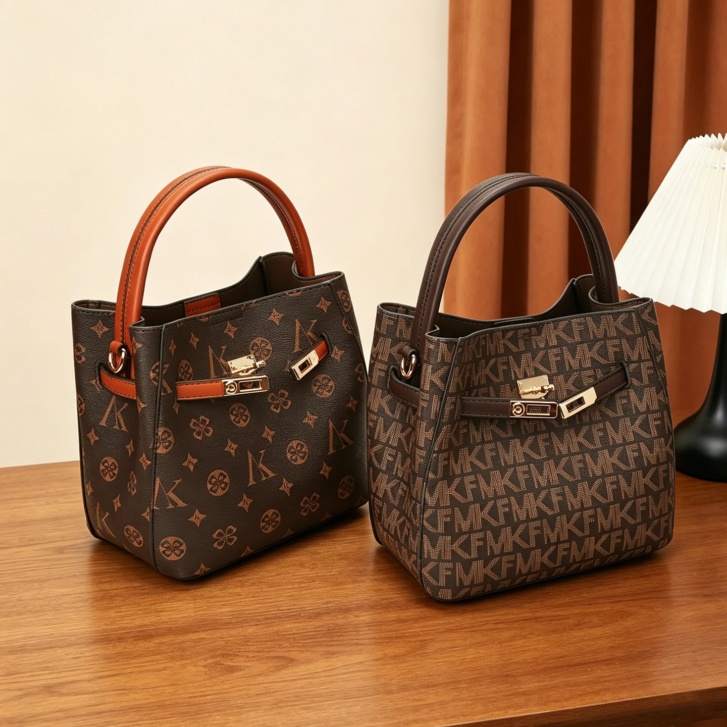 Women's Vintage Bucket Handbag, with Mkf Lettering Printed All over the Monogram Fabric, Front Metal Rotating Lock Decoration, Comes with Two Sets of Detachable Shoulder Straps (Wide and Thin), Supports Multiple Carrying Methods Including Hand-Carrying, Underarm, and Crossbody, Large Open Interior with a Structured Shape, Versatile for Daily Commuting, Shopping, and Dating, Multi-Purpose Crossbody Handbag for Women
