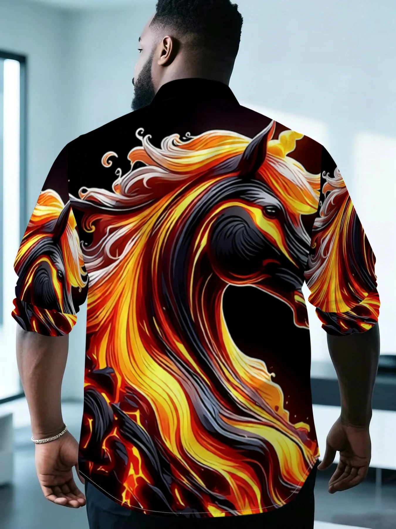 Western Style Men Lapel Collar Shirt Flame Mane Horse Portrait Print Polyester Long-Sleeve Blouse