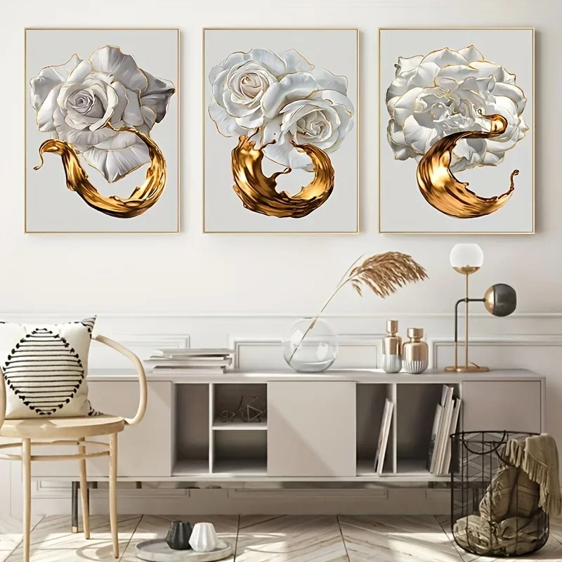 3PCS--Gold Edge White Flower Canvas Art Painting Abstract Ink Splash Posters and Prints Living Room Decorative Picture Home W