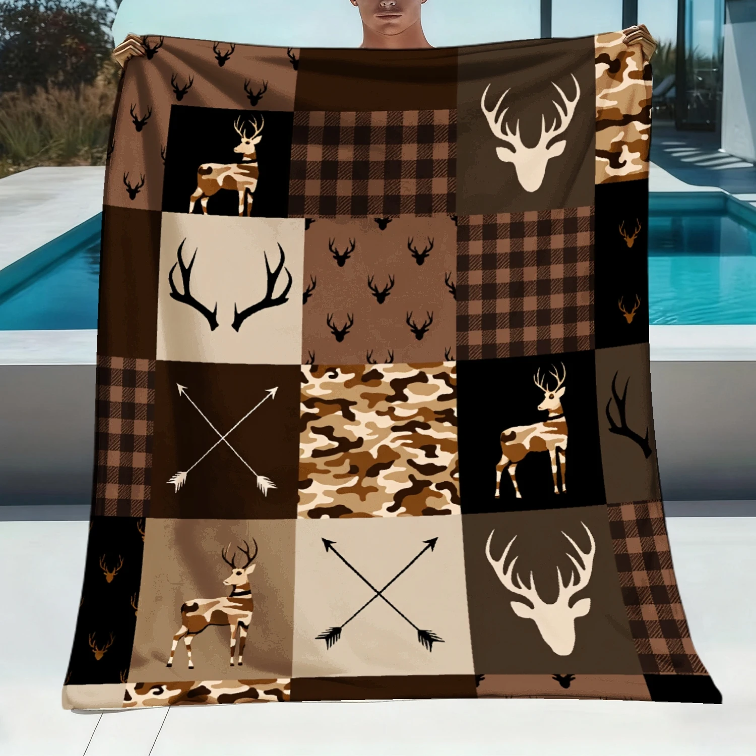 1pc Antler Camo Plaid Arrow Flannel Throw Blanket, Soft Warm All Season, for Sofa Bed Office Camping Travel, Ideal Gift