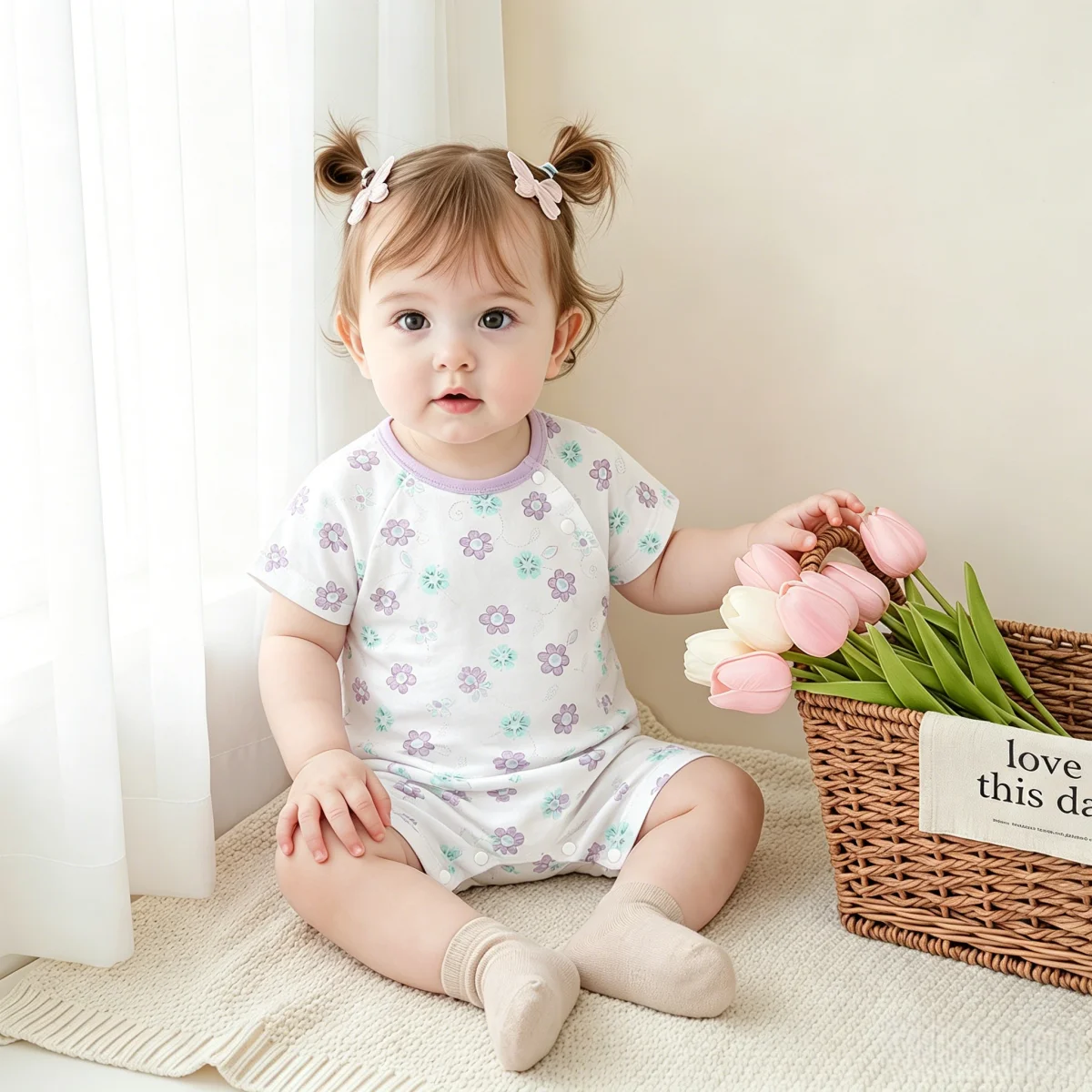 0-24M Baby Casual Bodysuit Purple Floral Polka Dots Short Sleeve Romper For Girls Soft Cotton Thin Infant Clothes