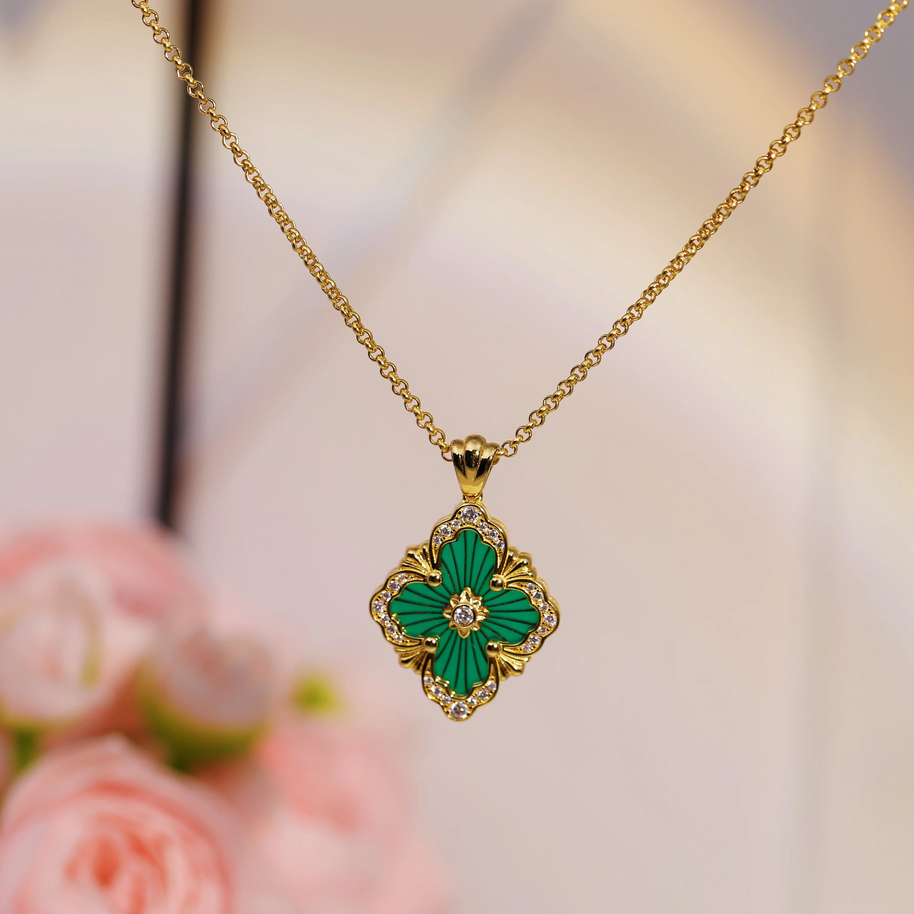 

Encounter Timeless Elegance,Unveil Dazzling Charm,Silver-inlaid Gold plated Green Enamel Necklace-Rivals Fine Jewelry