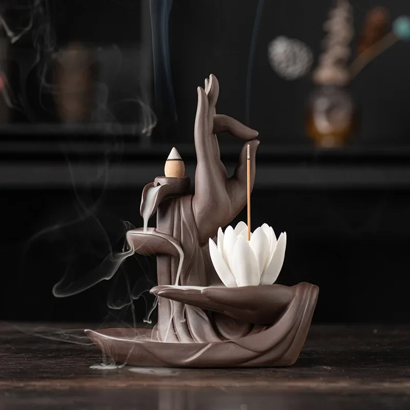 1pcs Lotus Incense Burner Handmade Sandalwood Ceramic Backflow Aroma Diffuser Home Decor Safe Material Atmosphere