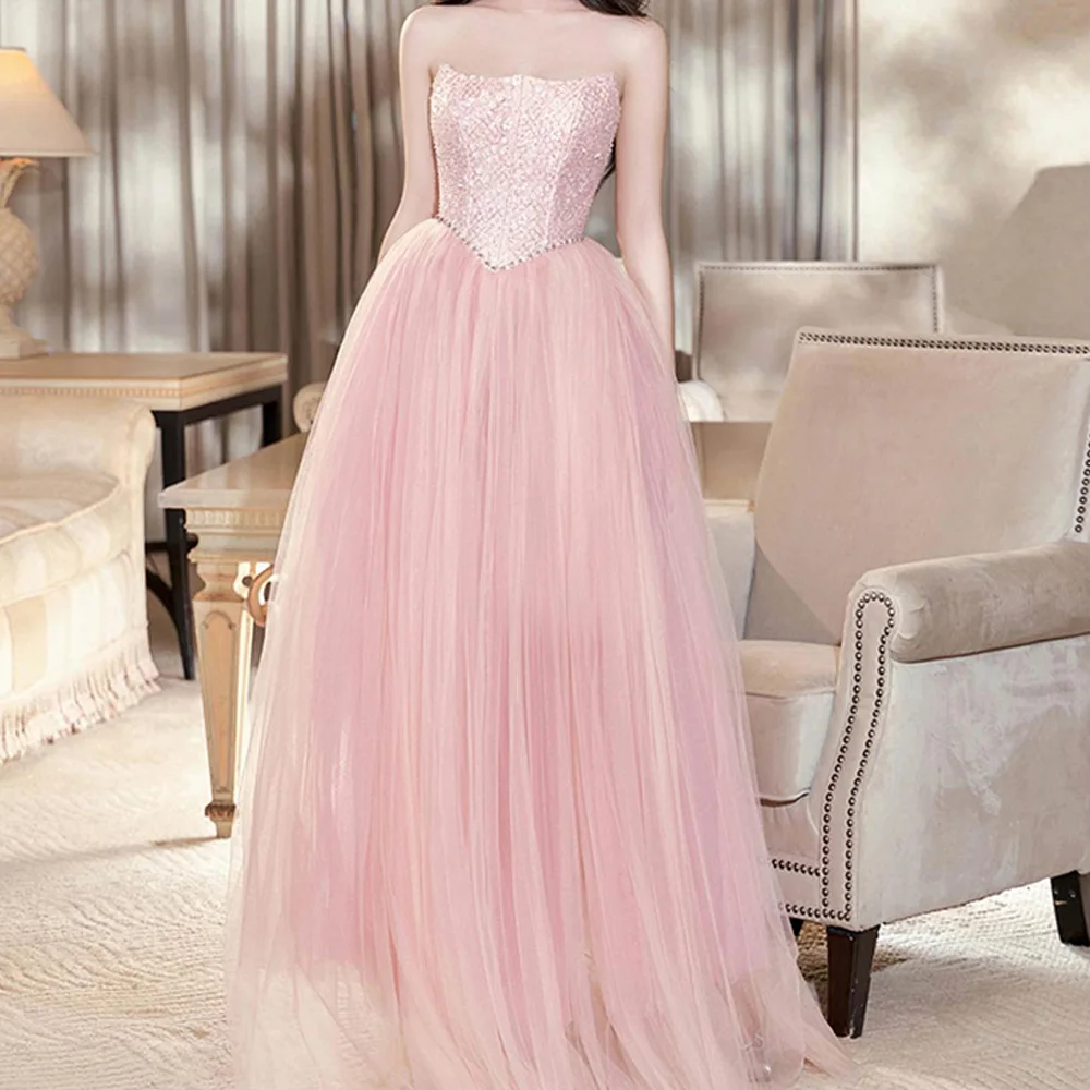 

Strapless Straight Pleats Sleeveless Floor Length Sweep Train Elegant Party Dresses Woman Crystal Bespoke Occasion Gowns Classic