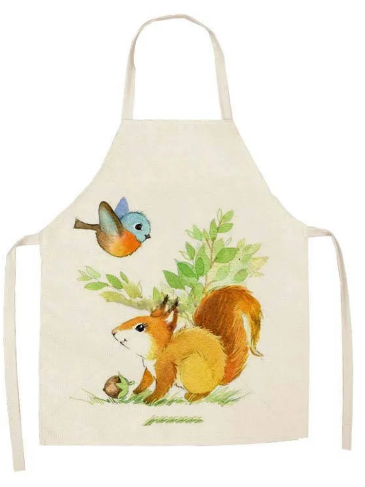 Cartoon Cute Animal Fox Printed Linen Sleeveless Hand Rub Waist Apron Kitchen Home Decoration Baking Accessories Delantal Cocina