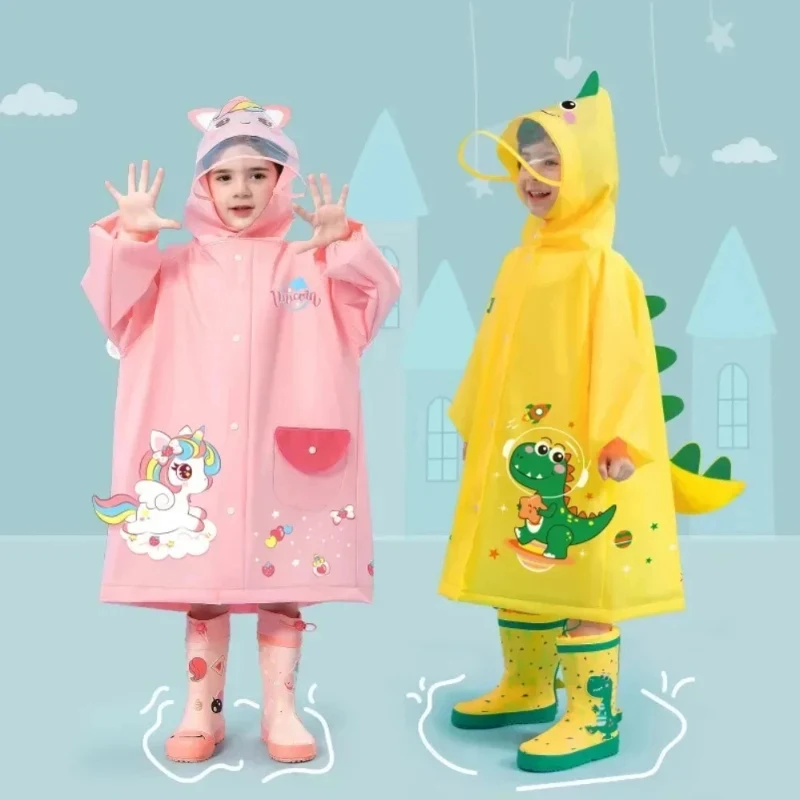 Cute Dinosaur Unicorn Kids Waterproof Rain Poncho Jacket With Backpack Slot Children Student School Rainwear