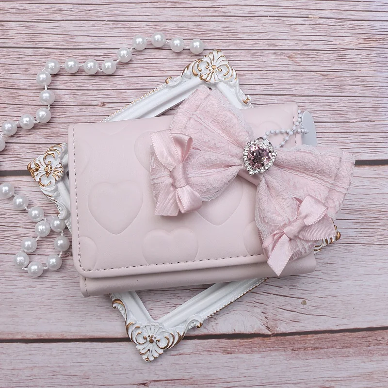 Handmade Japanese Style Sweet Lace Bow Pearl Love Handbag Pendant Lolita Bag Charms Girl Pu Love Embossed Short Wallet