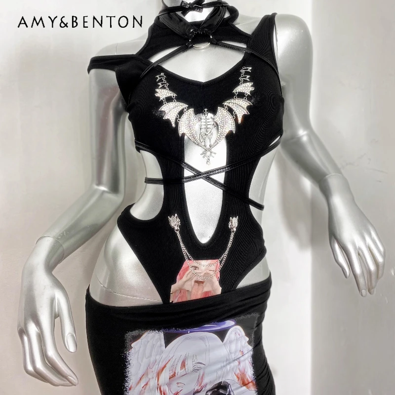 

Original Design Heavy Metal Gothic Dark Women's Jumpsuit New Sexy Hollow Out Irregular Slit Drawstring Long Skirt Set Ladies