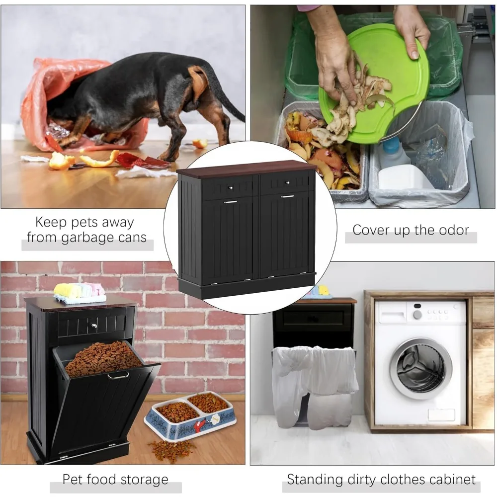 خزانة فرز الغسيل الخشبية القائمة بذاتها سعة 10 جالون مع درج مخبأ وصندوق إعادة التدوير #5