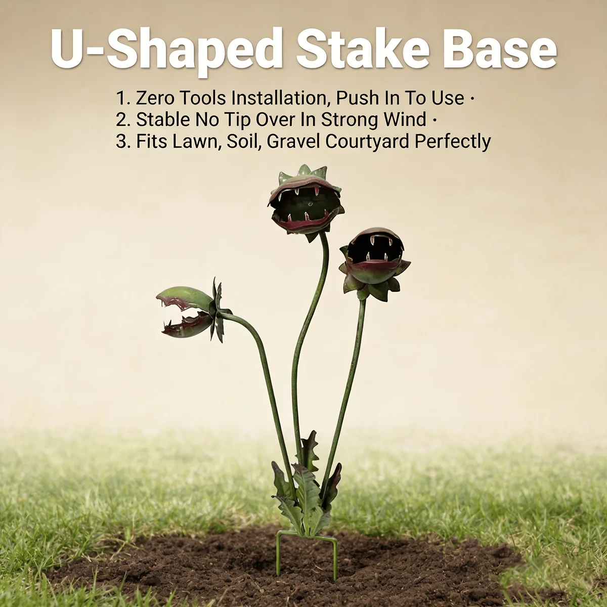 Colorful Metal Venus Flytrap Carnivorous Plant Decorative Stake, Featuring Three Flower Heads, Made of Metal, Suitable for Garden and Potted Plant Decoration