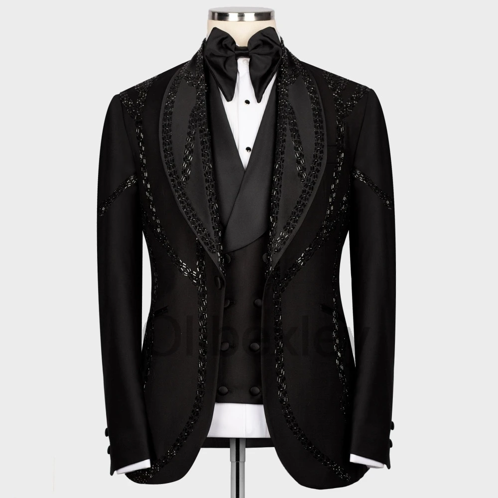 Olibexley Sparkly Black Men Suits 3 Piece Sets Male Prom Blazers Groom Wedding Tuxedos Slim Fit Costume Homme Customized S171