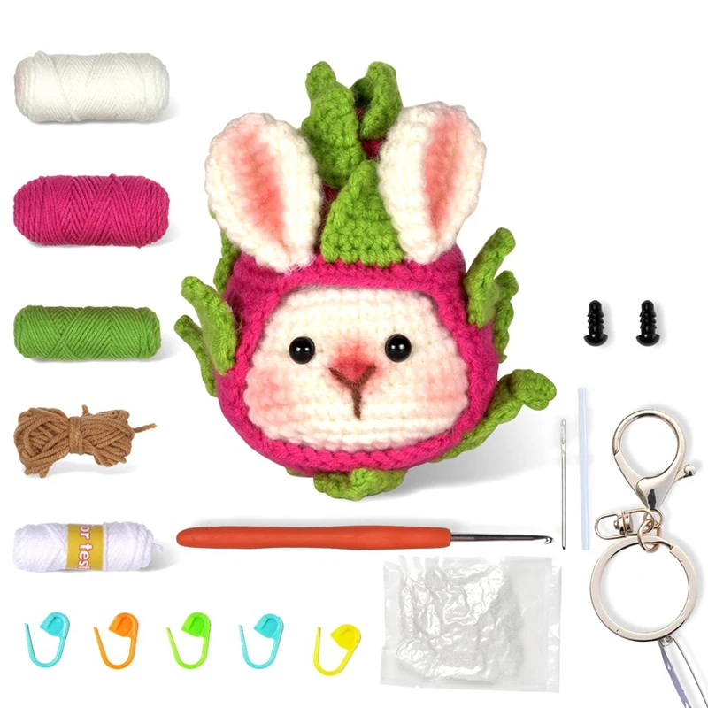 Kit de crochet de lapin de fruits pour débutants, tutoriel vidéo étape par étape, kit d'animal au crochet durable pour enfants et adultes