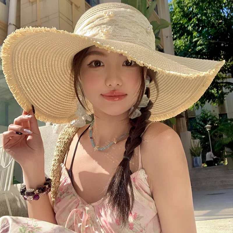 Korean Pearl Lace Bow Straw Hat for Women Outdoor Beach Wide Brim Sun Visor Cap Summer Vacation Sunshade Panama Casquette Femme