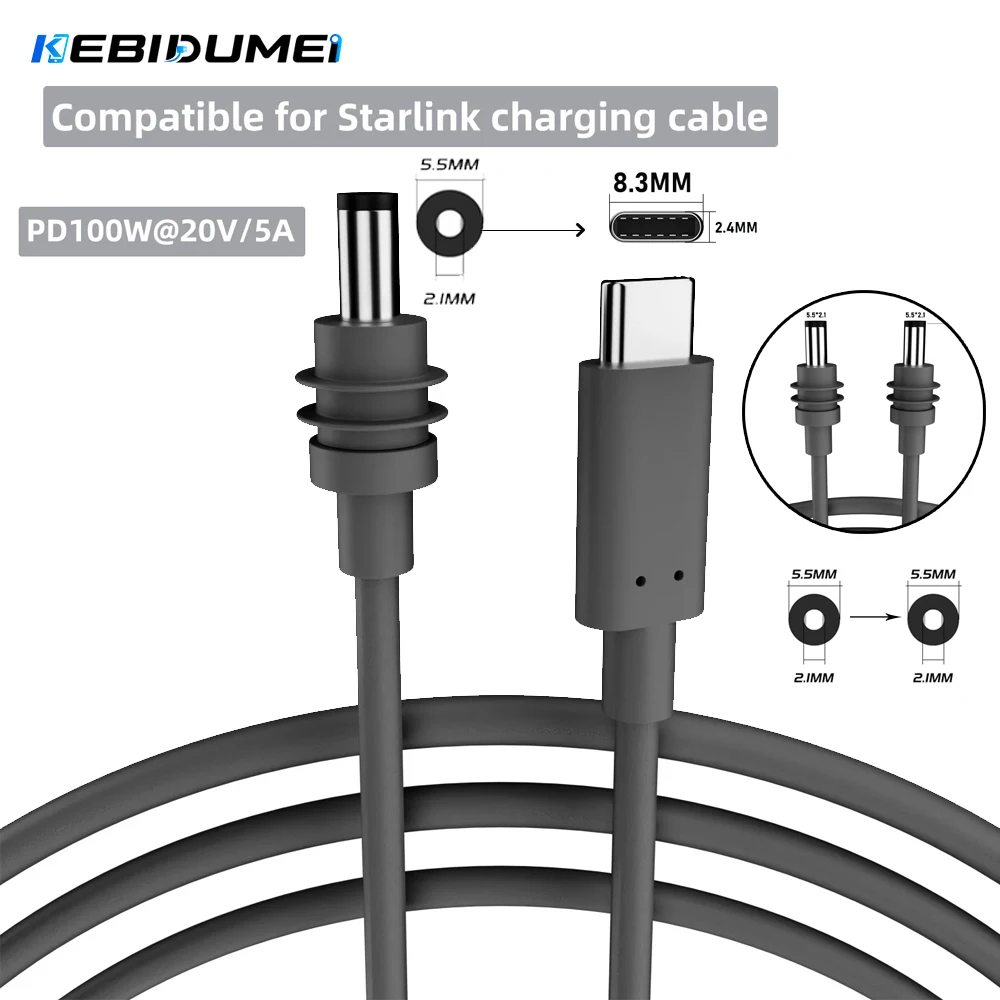KEBIDUMEI Type-C/DC to DC Fast Charging Power Cable for Starlink Mini Outdoor Waterproof 20V 2M(6.6ft) Mini Power Cable