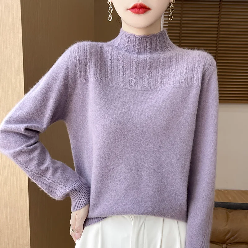 2024 New 100% Sweater Women's Half-High Collar Sweater Warm Loose Long-Sleeved Shirt Knitted Cashmere Sweater With Bottoming.