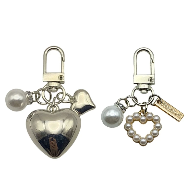 Sophisticated Metal Colored Love Heart Keychian Charm Pendant with Pearls Detailing Accessory for Modern Wardrobe