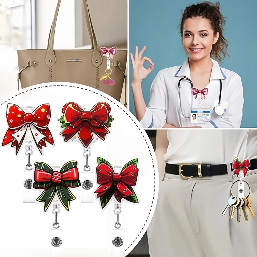 Christmas Bow Badge Reel Cute Nurse Badge Holder With Alligator Clip Worker Id Card Retractable Badge Holder Name Tag Key Chain