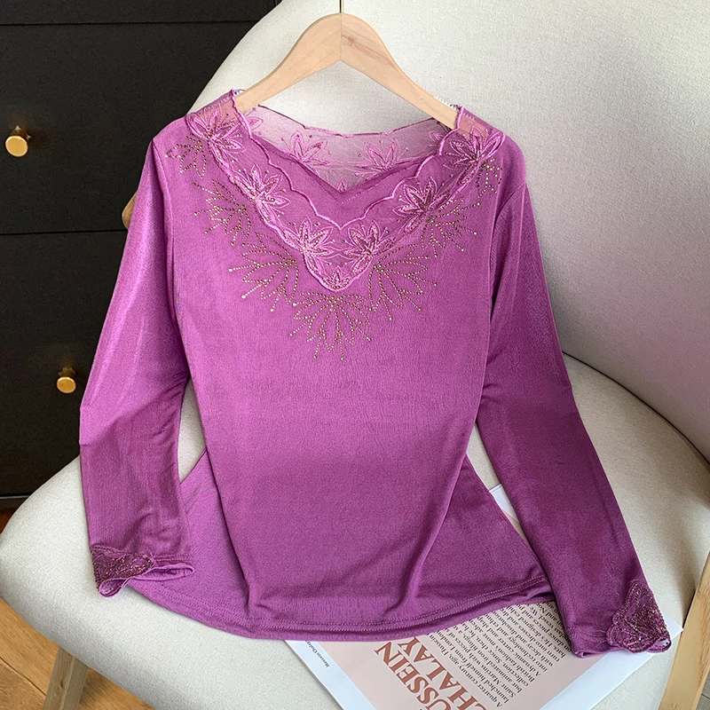 

European Style Women Bottoming Shirt Fashion Patchwork Lace Mesh Tops Spring Autumn Black Diamond T Shirt