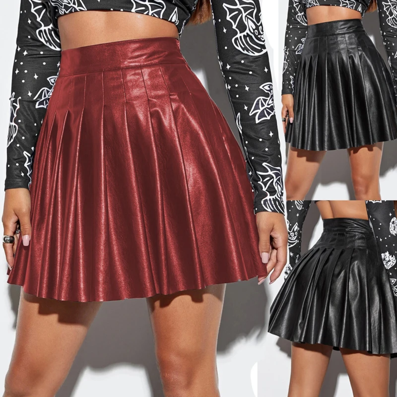 

Womens Leather Miniskirts High Waist Pleated A-Line Circle Skirt Rave Dance Bottoms Sexy Clubwear Fashion Skirts