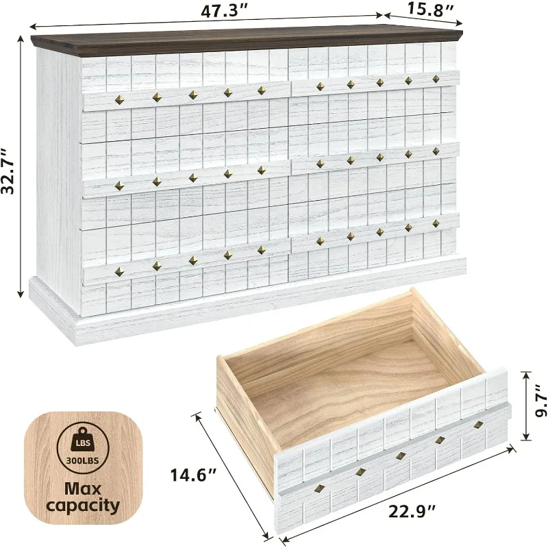 6 Drawer White Dresser for Bedroom, Solid White Dressers & Chest of Drawers with Wide Storage Cabinet (Vinatge) US(Origin)