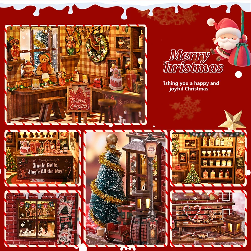 Warm‑Winter Cottage DIY 3D Wooden Bookend Miniature House Kit, Christmas Snow Scene Micro‑Scene Model Ornament, Creative Gift