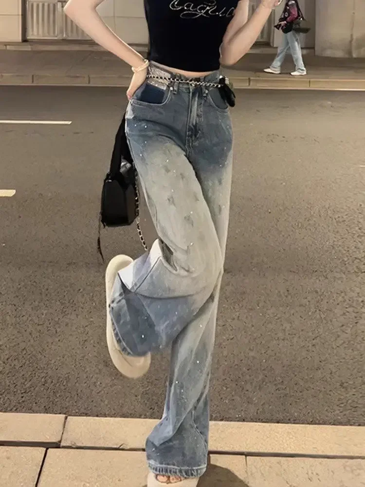 

Blue Womens Jeans High Waist Shot Denim Pants for Women Straight Leg Trousers Stylish Wholesale Medium Wash Trend 2025 Original