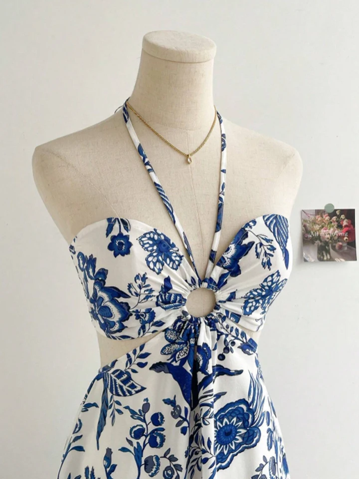 Vestido de mujer con estampado floral romántico, cuello halter, sexy y moderno, fácil de crear un estilo perezoso y elegante para vacaciones 4
