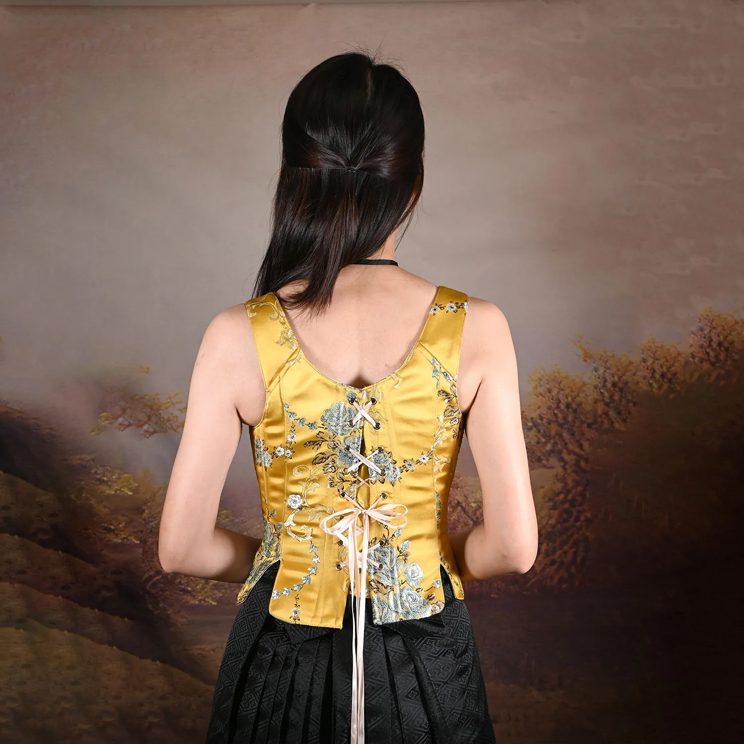 Vintage Palace Style Yellow Jacquard Corset Top Chinese Floral Satin Lace-up Bustier
