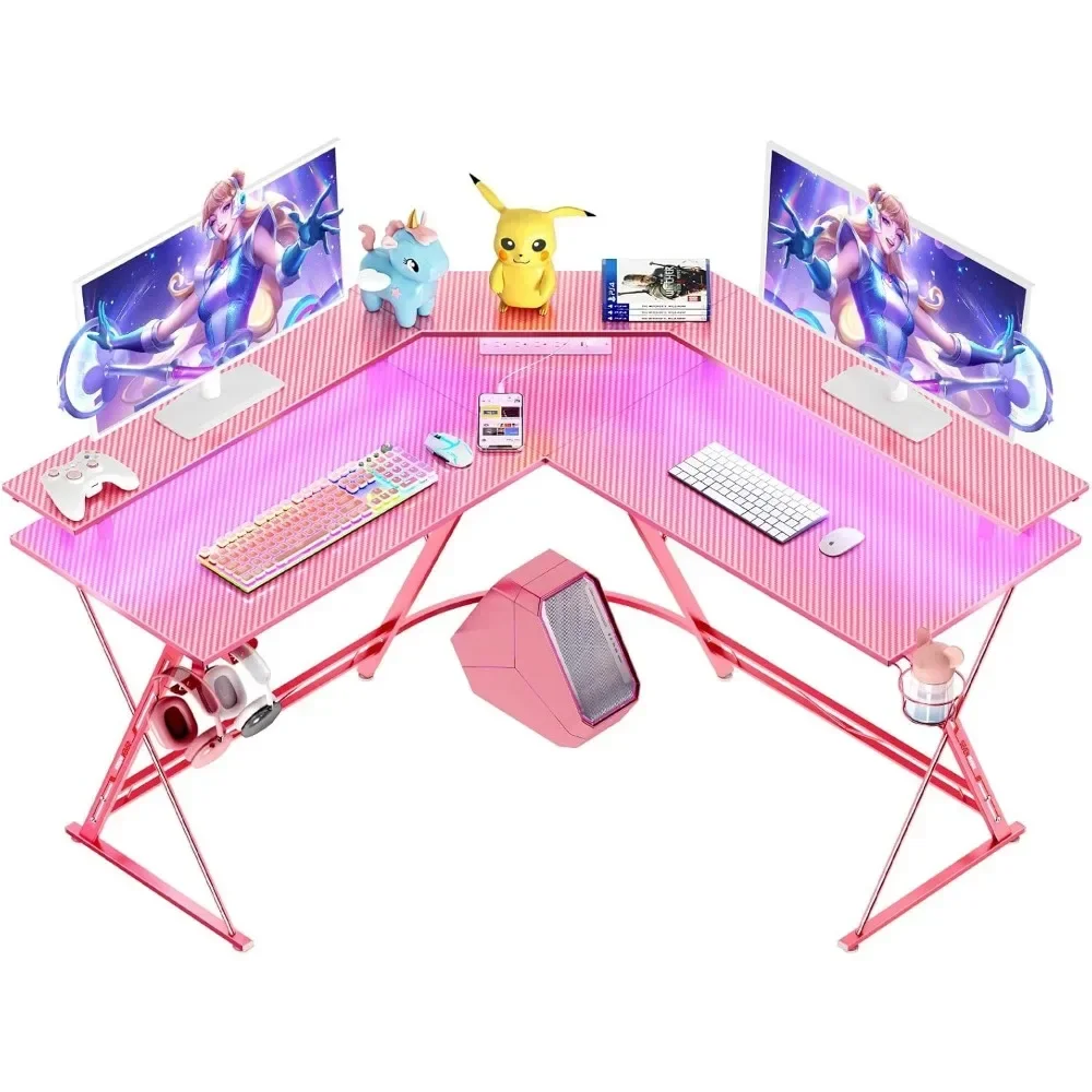 L Shaped Gaming Desk with LED Lights & Power Outlets,  Computer Desk with Monitor Stand & Carbon Fiber surface, Corner Desks