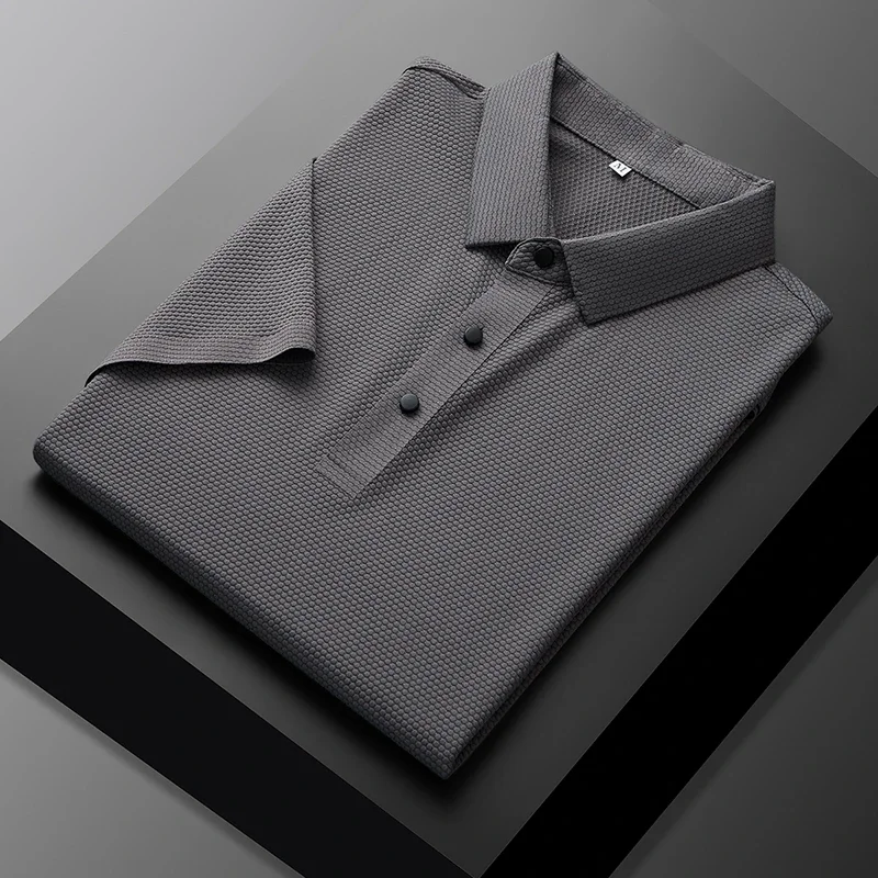 Men's Short sleeved Ice Cream Silk Polo Shirt Thin Breathable Anti Wrinkle Solid Color T-shirt