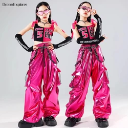 Girls Hip Hop Crop Top Shiny PU Leather Cargo Pants Boys T-shirt Street Dance Shorts Kids Streetwear Children Jazz Clothes Sets