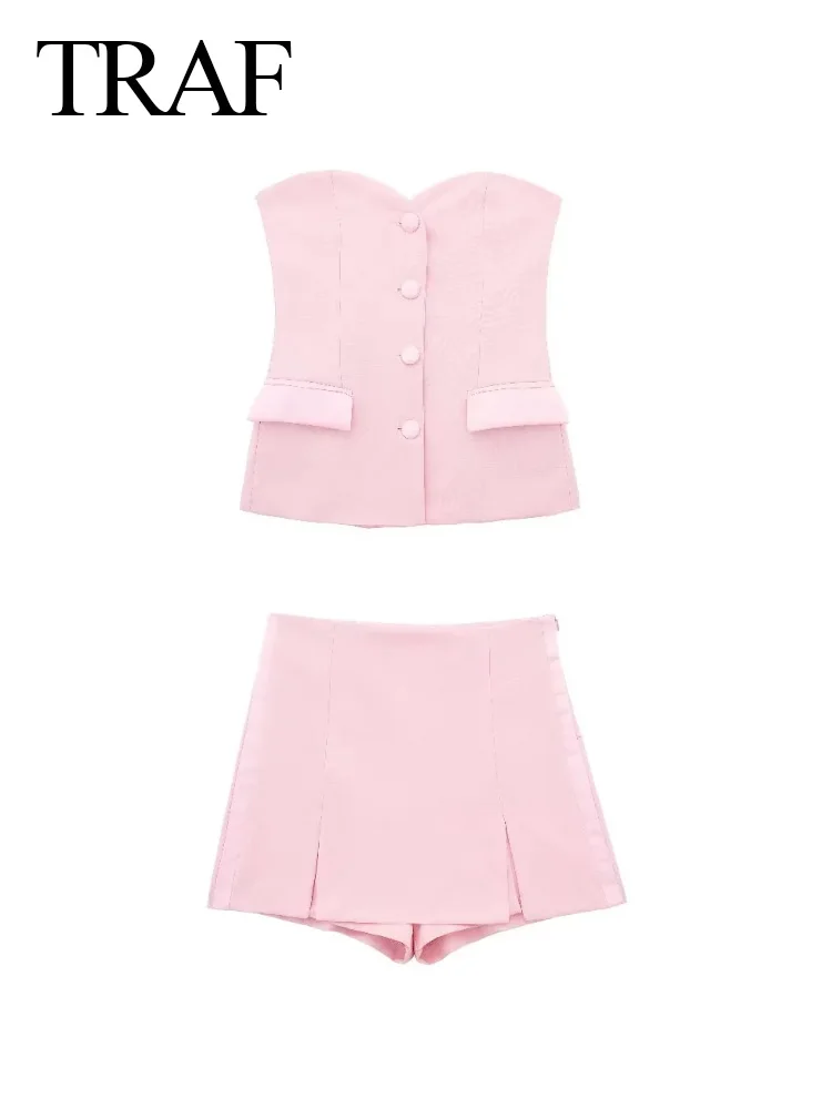 TRAF 2024 Women Fashion Solid Pink Strapless Corset Tops +High Waist A Line Slit Casual Shorts Skirts 2 Pieces Set Streetwear