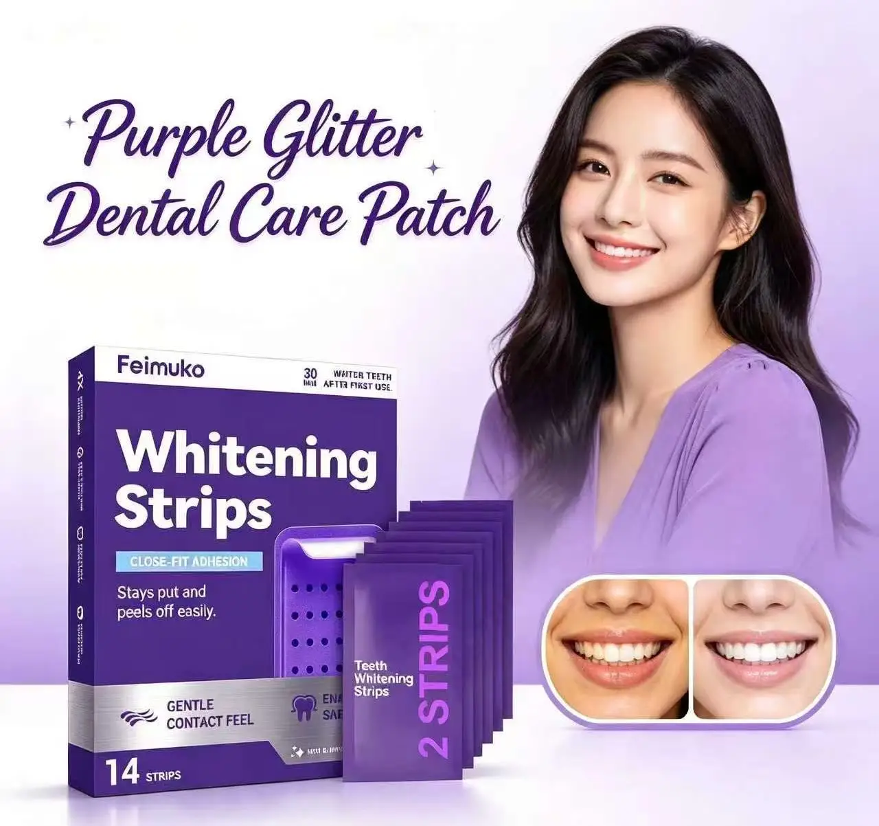 Purple Teeth Whitening Strips for Sensitive Teeth | Deep Stain Removal、Color-Correcting / Color-Canceling、Zero Sensitivity