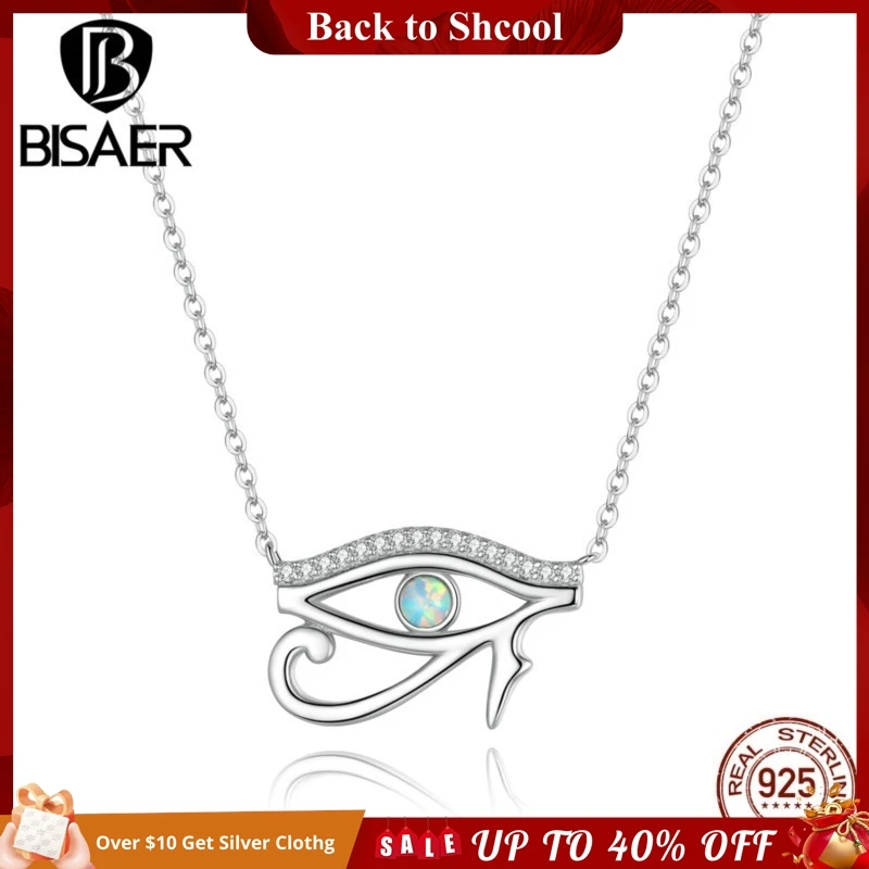 BISAER 925 Sterling Silver Necklace Ancient Egypt Eye of Horus Pendant Chain Plated Platinum for Women Party Fine Jewelry Gift