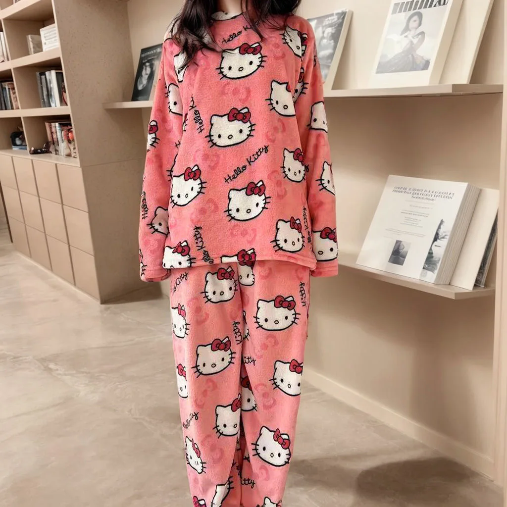 

New2Pcs/Set Anime Pajamas Pants Sanrio Hello Kitty Pajama Set Cartoon Cute Home Wear Couple Warm Loungewear Girl's Gift