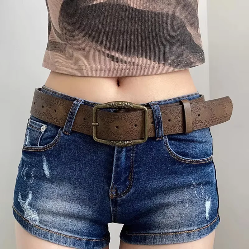 Y2K Belt WOMEN'S New National Wind Belt with Jeans Belt Senior Sense of Brown Floral Embossed Belt