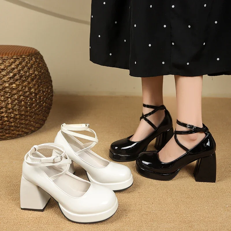 

New Fashion Women High Heels Temperament Round Head Single Shoes Small Height Waterproof Platform High Leather Shoes for Women