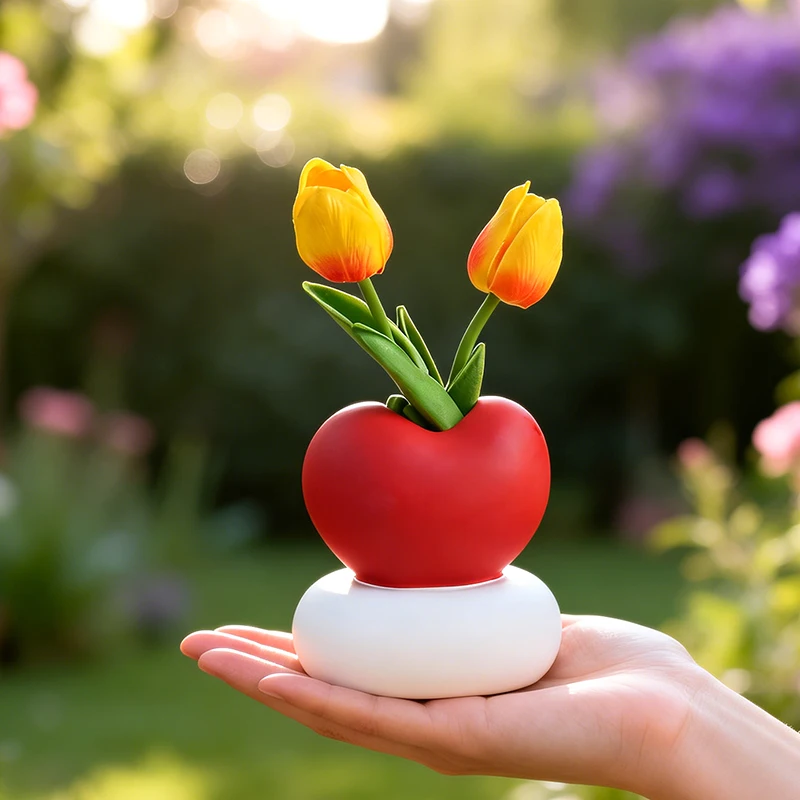 Kawaii Heart Resin Mini Planter Pot Separate White Base For Tulip Succulent Small Plant Bedroom Desk Tabletop Decor Accent