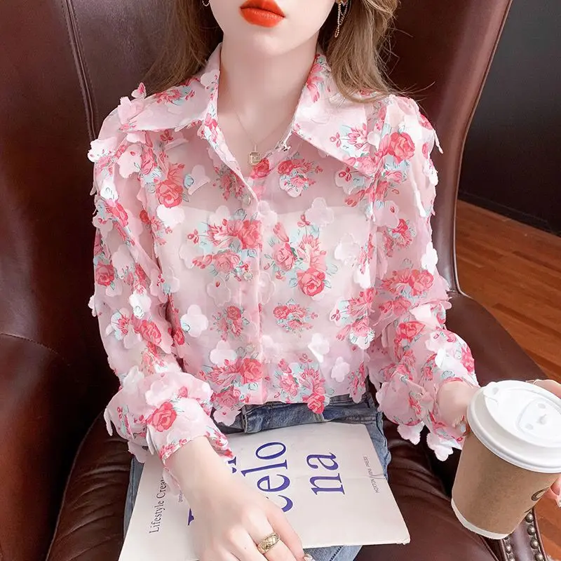 Fashion Broken Flowers Printed Blouse Female Clothing Sweet Floral Patch Designs Spring Autumn Commute Single-breasted Shirt New