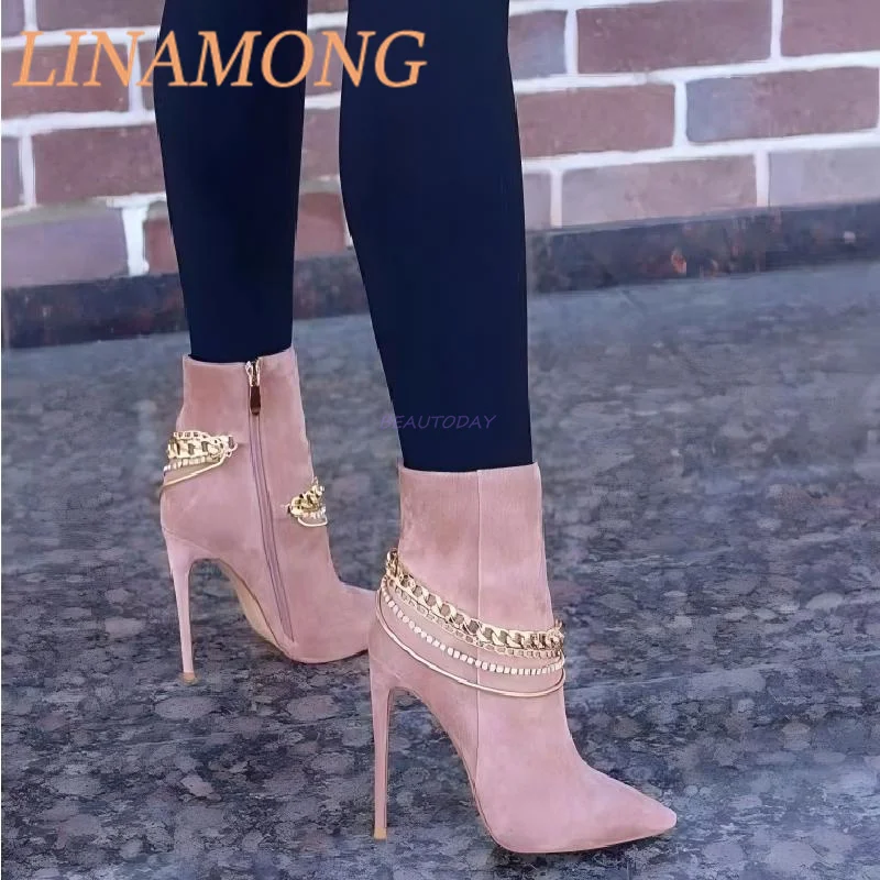 

Metal Rhinestone Decorative Short Boots Fashionable Simple Side Zipper Design Pointed Temperament Women's Slim High-Heeled Boots