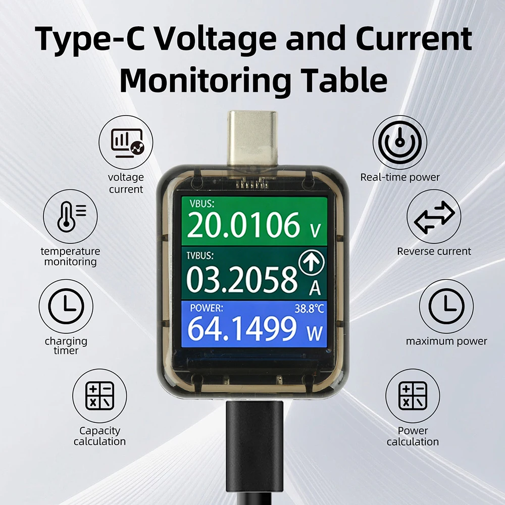 Typ-C Multifunktionaler Digitaler DC-Spannungs- und Strommesser, Leistungsmesser, USB-Bidirektionaler Lademonitor, Schnellladetester – Detail 11